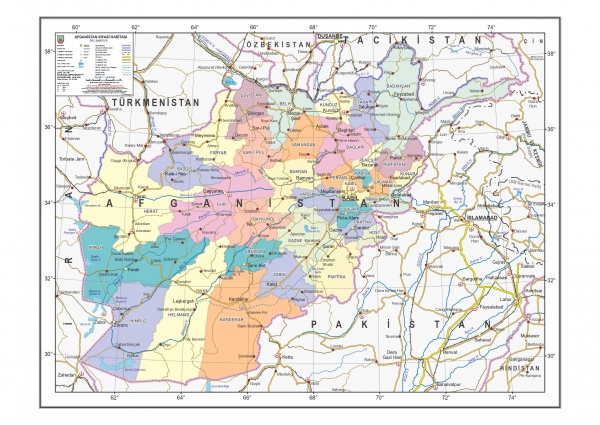 Afganistan ehirleri ve semtleri gsteren siyasi haritas