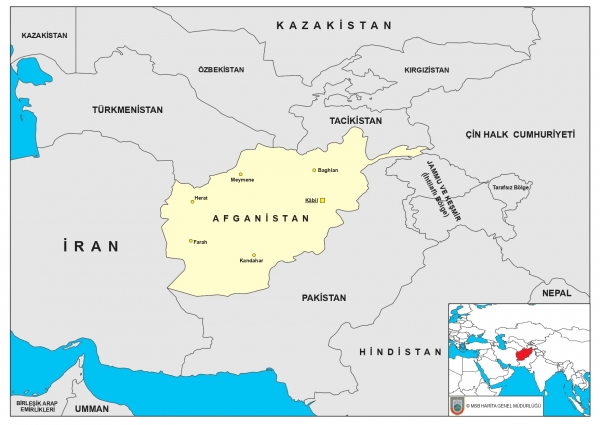 Afganistan dnyadaki konumu ve snr komular haritas
